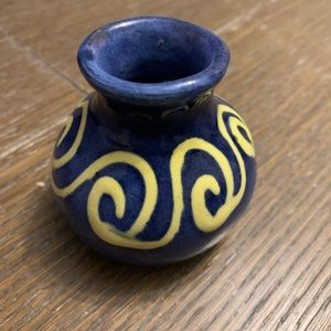 Earthworks Small Light-Blue Vase 2 1/2” H and 1 3/8” Rim-to-Rim w/Yellow Swirls